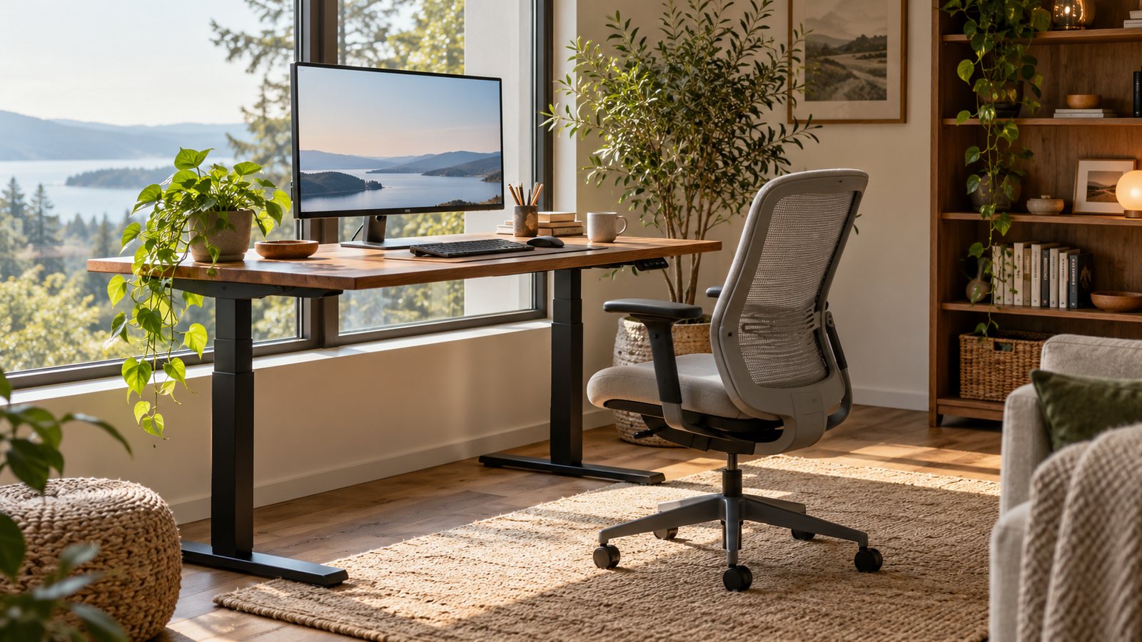 A bright home office with a standing desk (illustrative)